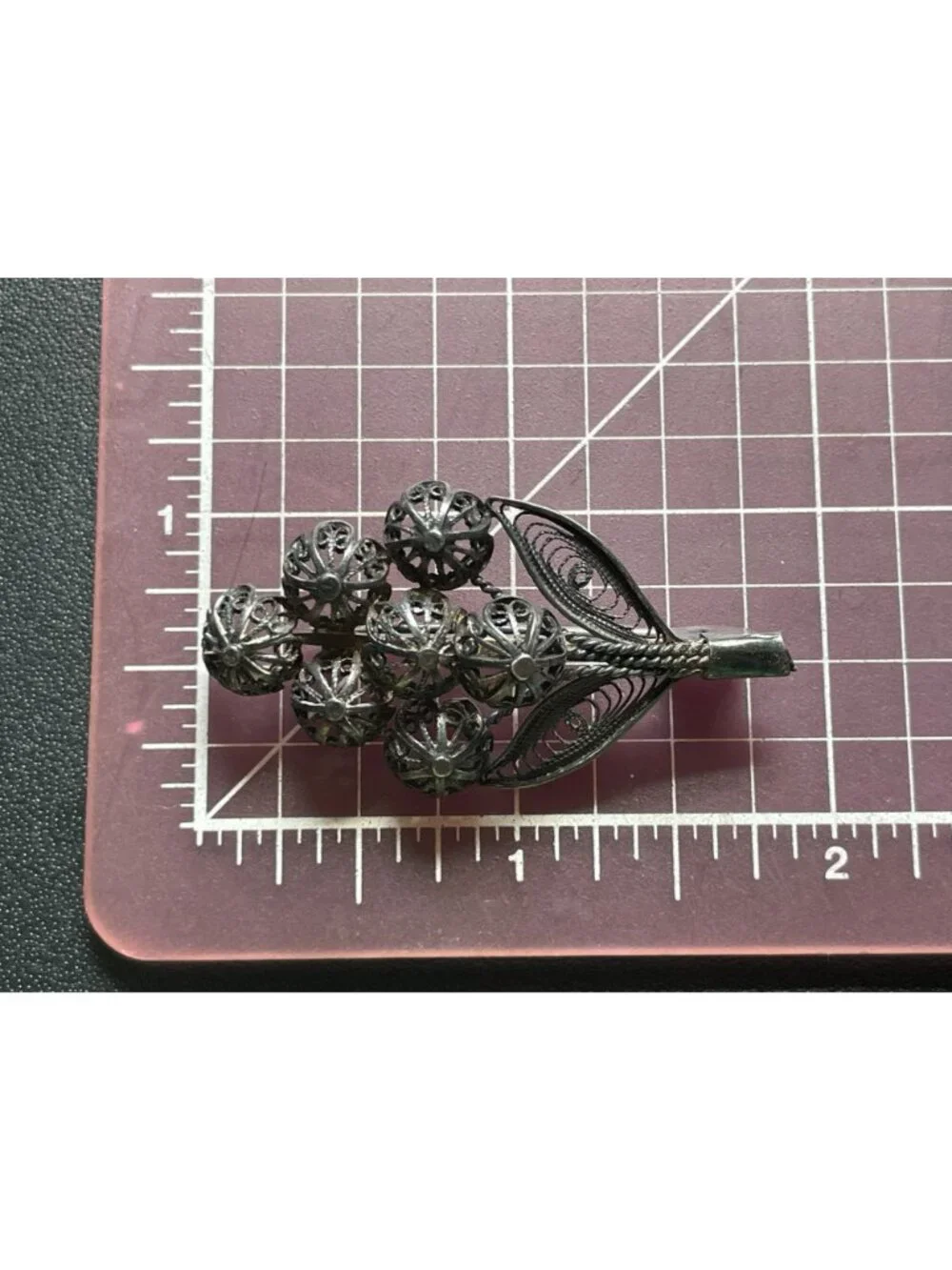 Antique Cannetille Silver Filigree Flower Bouquet Brooch Etruscan Pin C-Clasp